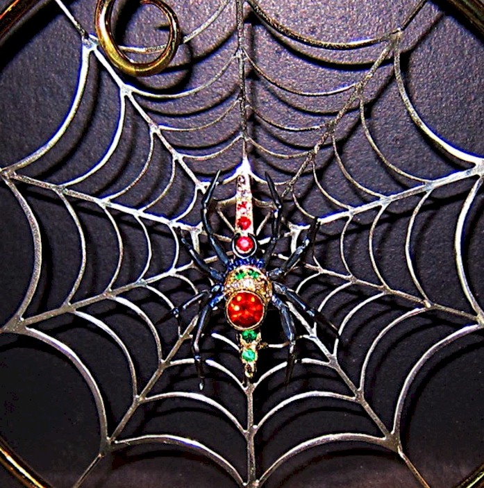 Nest Wall Sculpture - Spider Brooch waiting on the Web